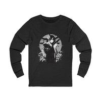 Crimson Silence Black Dahlia anime long sleeve shirt with woman in black kimono, handgun, lilies and circular backdrop
