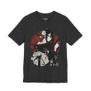 Anime assassin girl in kimono with gun, red sun backdrop, Japanese streetwear design.
