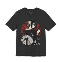 Anime assassin girl in kimono with gun, red sun backdrop, Japanese streetwear design.
