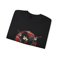 Crimson Silence Blade of Vengeance anime sweatshirt featuring haloed girl with dual swords in front of red Japanese backdrop