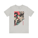 Neon Oni Dragon’s Echo anime T-shirt with modern girl in sneakers, twin dragon spirits, and red sun backdrop