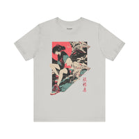 Neon Oni Dragon’s Echo anime T-shirt with modern girl in sneakers, twin dragon spirits, and red sun backdrop