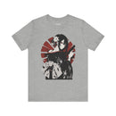 Anime assassin girl in kimono with gun, red sun backdrop, Japanese streetwear design.