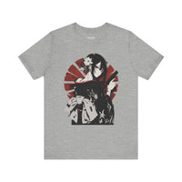 Anime assassin girl in kimono with gun, red sun backdrop, Japanese streetwear design.