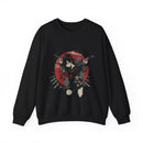 Crimson Silence Blade of Vengeance anime sweatshirt featuring haloed girl with dual swords in front of red Japanese backdrop