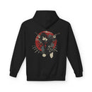 Crimson Silence Blade of Vengeance anime hoodie with schoolgirl warrior holding dual katanas, red backdrop and halo