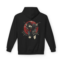 Crimson Silence Blade of Vengeance anime hoodie with schoolgirl warrior holding dual katanas, red backdrop and halo