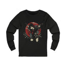 Crimson Silence Blade of Vengeance anime long sleeve shirt with dual katana girl, halo, and red Japanese circle backdrop