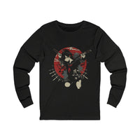 Crimson Silence Blade of Vengeance anime long sleeve shirt with dual katana girl, halo, and red Japanese circle backdrop