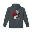 Crimson Silence Scarlet Veil anime hoodie with noir femme fatale in short kimono, floral details, and red circle backdrop
