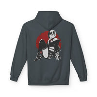 Crimson Silence Scarlet Veil anime hoodie with noir femme fatale in short kimono, floral details, and red circle backdrop