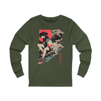 Neon Oni Dragon’s Echo anime long sleeve shirt featuring girl in sneakers and oversized jacket with dragon spirits and neon sun