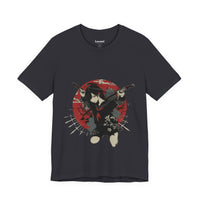 Crimson Silence Blade of Vengeance anime T-shirt featuring girl in black seifuku with dual katanas and red circular backdrop