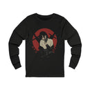 Crimson Silence Aftermath anime long sleeve shirt with melancholic girl, bloodstained clothes, rifles, and red backdrop