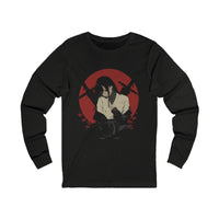 Crimson Silence Aftermath anime long sleeve shirt with melancholic girl, bloodstained clothes, rifles, and red backdrop