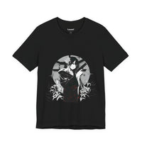 Crimson Silence Black Dahlia anime T-shirt featuring woman in black kimono with handgun and white lilies
