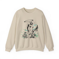 Celestial Oni Silent Bloom anime sweatshirt featuring haloed girl in kimono surrounded by lilies and smoke