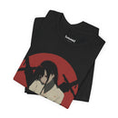 Crimson Silence Aftermath anime T-shirt featuring girl in bloodstained martial outfit with red backdrop and rifles
