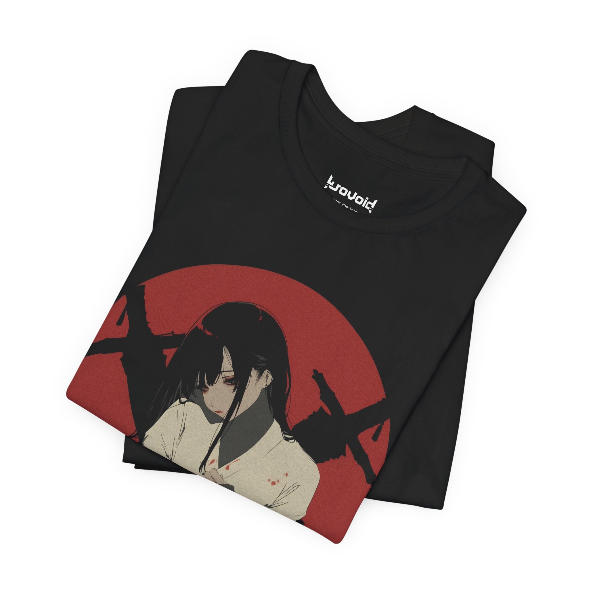 Crimson Silence Aftermath anime T-shirt featuring girl in bloodstained martial outfit with red backdrop and rifles