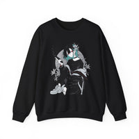 Crimson Silence Smoke Lily anime sweatshirt featuring dual-tone hair girl with handgun and lilies in noir style”