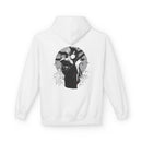 Crimson Silence Black Dahlia anime hoodie with kimono-clad woman holding handgun, lilies and circular backdrop