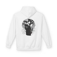 Crimson Silence Black Dahlia anime hoodie with kimono-clad woman holding handgun, lilies and circular backdrop
