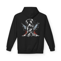 Celestial Oni Blood & Bloom anime hoodie with horned girl in kimono, halo and horns, detailed red and blue artwork