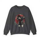 Crimson Silence Blade of Vengeance anime sweatshirt featuring haloed girl with dual swords in front of red Japanese backdrop