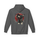 Crimson Silence Blade of Vengeance anime hoodie with schoolgirl warrior holding dual katanas, red backdrop and halo