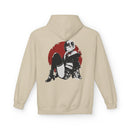 Crimson Silence Scarlet Veil anime hoodie with noir femme fatale in short kimono, floral details, and red circle backdrop