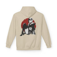Crimson Silence Scarlet Veil anime hoodie with noir femme fatale in short kimono, floral details, and red circle backdrop