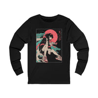 Neon Oni Street Spirit anime long sleeve shirt featuring horned girl in sneakers, neon sun, and dragon smoke artwork