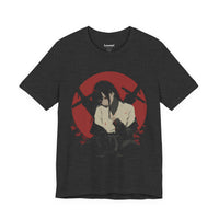 Crimson Silence Aftermath anime T-shirt featuring girl in bloodstained martial outfit with red backdrop and rifles