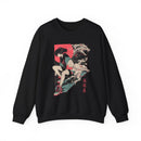 Neon Oni Dragon’s Echo anime sweatshirt with casual girl and dragon spirits, neon red sun background