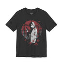 Crimson Silence Yakuza Bloom anime T-shirt featuring girl in kimono with handgun, red backdrop and maple leaves