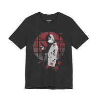 Crimson Silence Yakuza Bloom anime T-shirt featuring girl in kimono with handgun, red backdrop and maple leaves