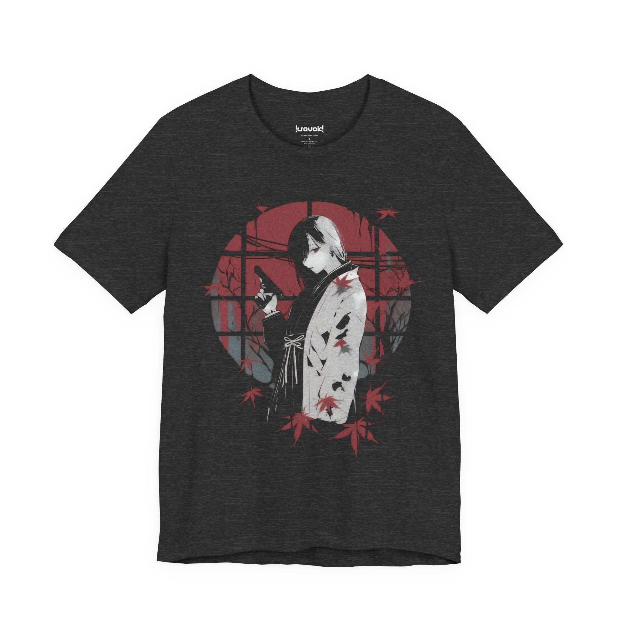 Crimson Silence Yakuza Bloom anime T-shirt featuring girl in kimono with handgun, red backdrop and maple leaves