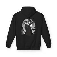 Crimson Silence Black Dahlia anime hoodie with kimono-clad woman holding handgun, lilies and circular backdrop