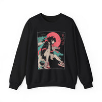 Neon Oni Street Spirit anime sweatshirt with horned girl, sneakers, neon sun, and dragon smoke design