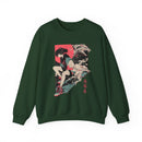 Neon Oni Dragon’s Echo anime sweatshirt with casual girl and dragon spirits, neon red sun background