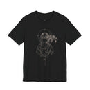 Anime-inspired gothic T-shirt design with cloaked figure and large lily flower.