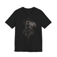 Anime-inspired gothic T-shirt design with cloaked figure and large lily flower.