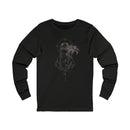 Black long sleeve shirt with anime gothic cloaked figure and floral design.