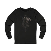Black long sleeve shirt with anime gothic cloaked figure and floral design.