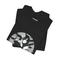 Crimson Silence Black Dahlia anime T-shirt featuring woman in black kimono with handgun and white lilies