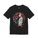 Crimson Silence Yakuza Bloom anime T-shirt featuring girl in kimono with handgun, red backdrop and maple leaves