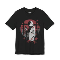Crimson Silence Yakuza Bloom anime T-shirt featuring girl in kimono with handgun, red backdrop and maple leaves