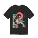 Neon Oni Street Spirit anime T-shirt with horned girl in sneakers, red sun backdrop, and dragon smoke