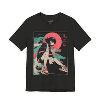 Neon Oni Street Spirit anime T-shirt with horned girl in sneakers, red sun backdrop, and dragon smoke