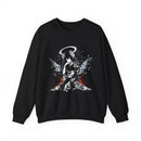 Celestial Oni Blood & Bloom anime sweatshirt featuring horned girl in floral kimono with halo and dramatic splashes